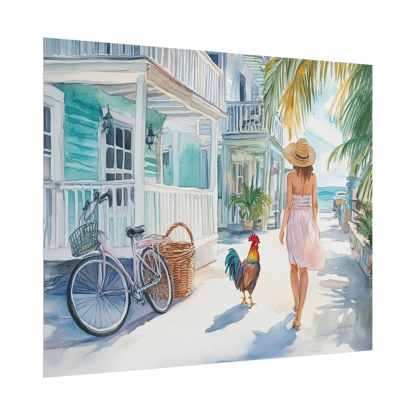 Caribbean Key West Rooster Watercolor Print – Coastal Boho Wall Art