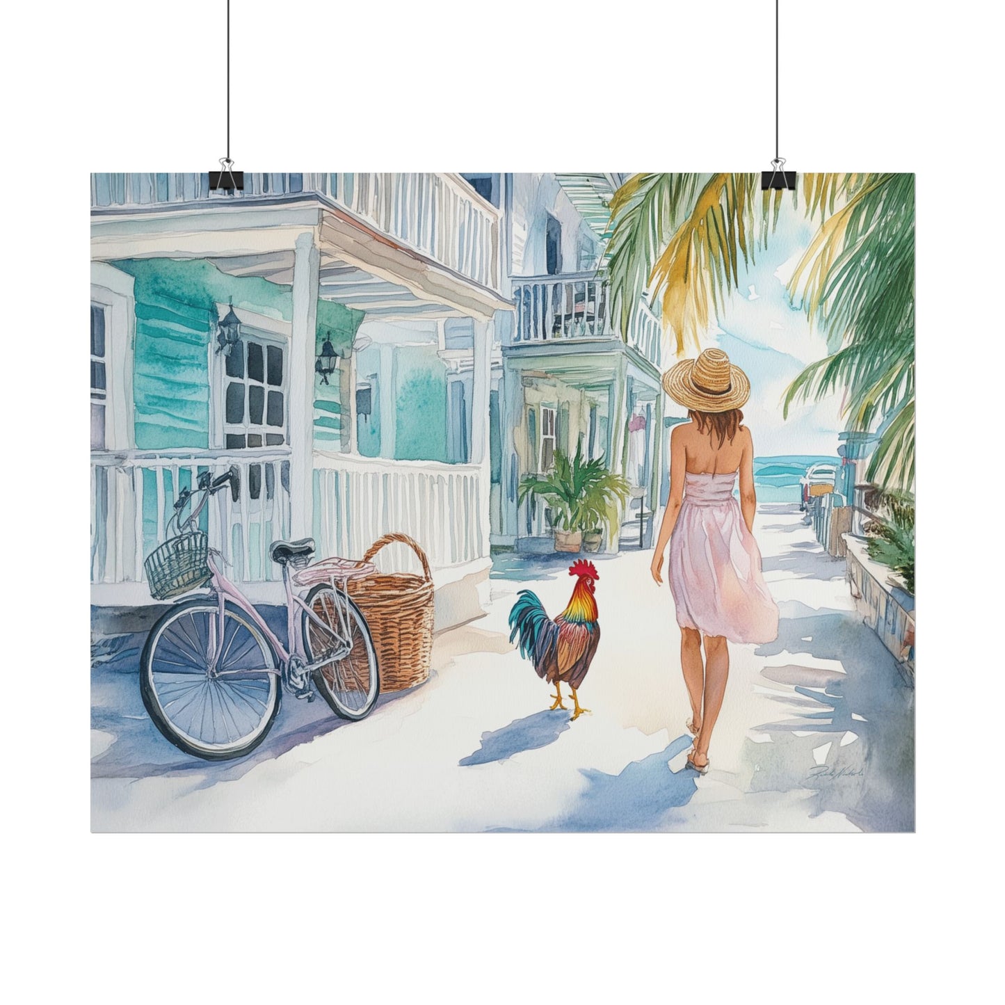 Caribbean Key West Rooster Watercolor Print – Coastal Boho Wall Art