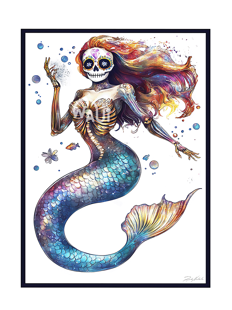 Póster de sirena con calavera de azúcar
