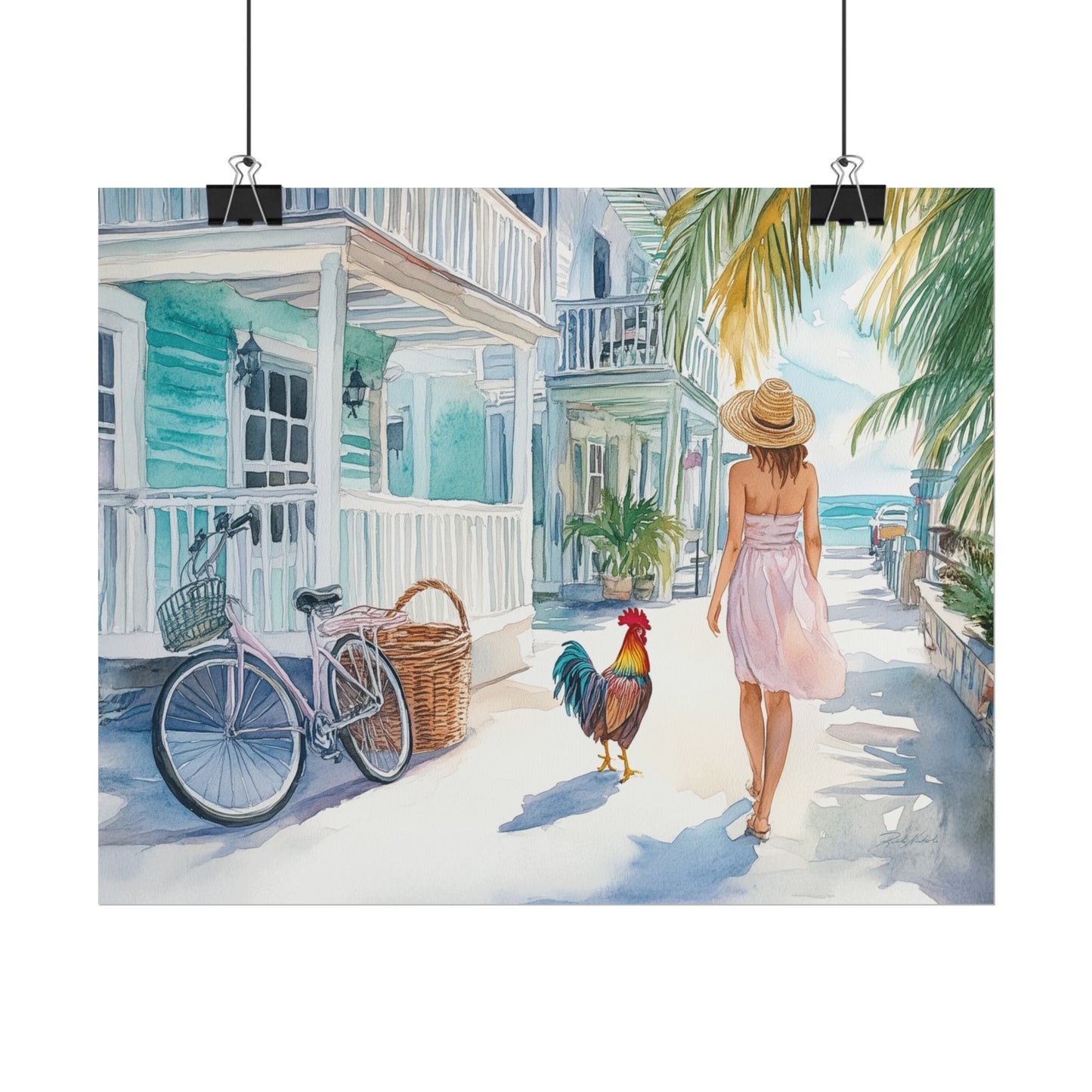 Caribbean Key West Rooster Watercolor Print – Coastal Boho Wall Art